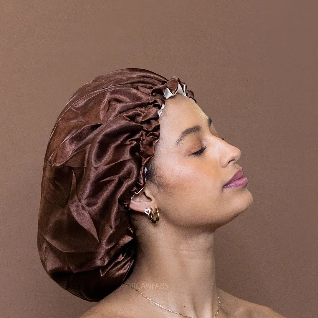 Chocolate Brown Satin Hair Bonnet Reversable - Image 4