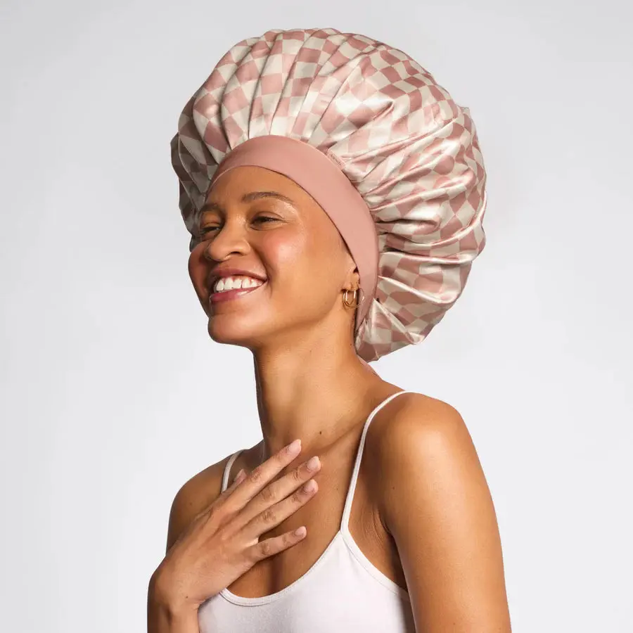 Adjustable Oversized Satin Bonnet Terracotta Checker - Image 2