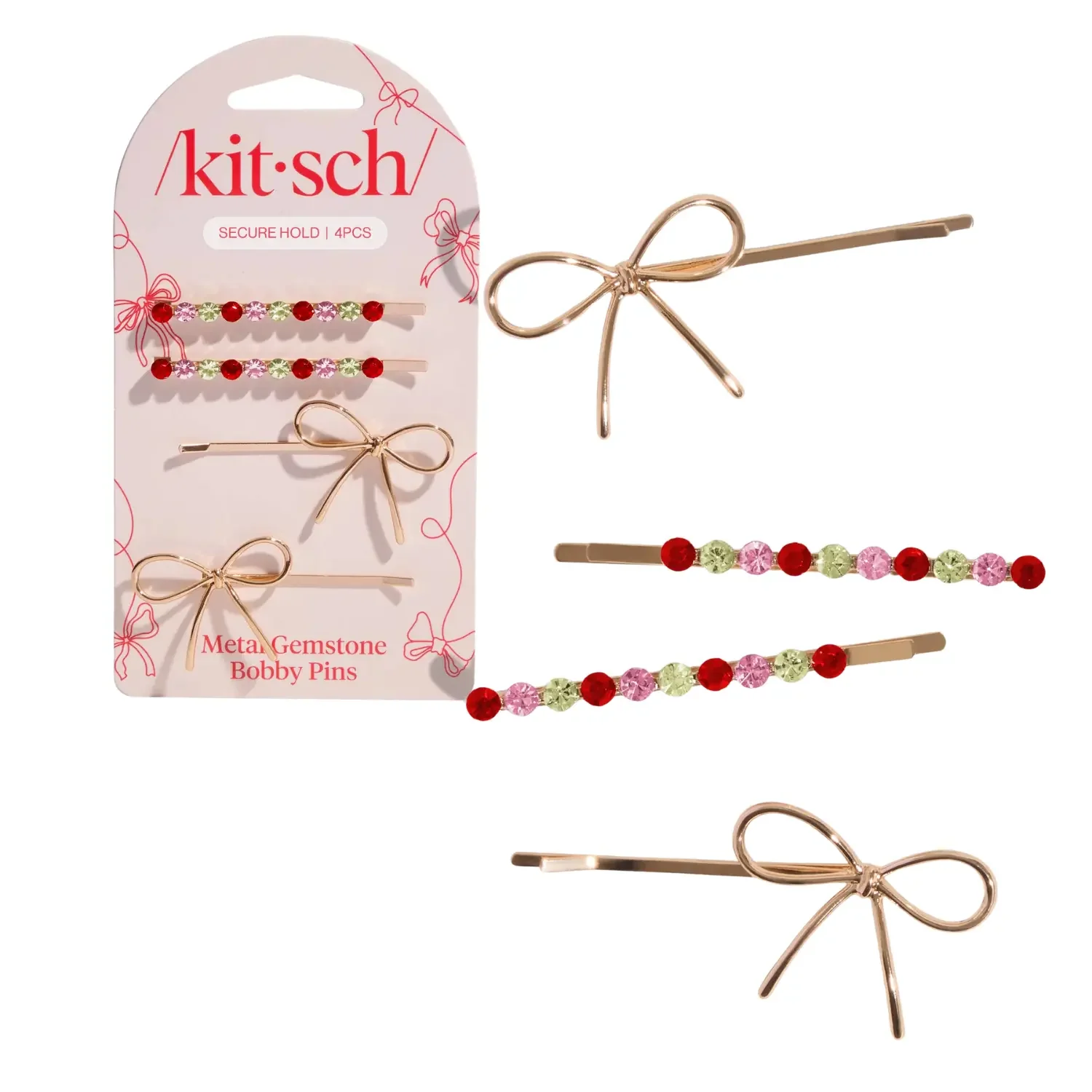 Holiday Metal Gemstone & Bow Bobby Pins