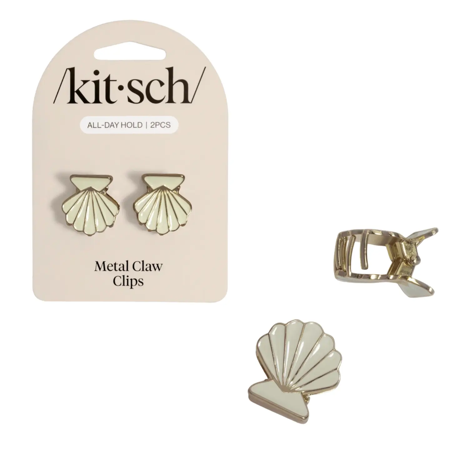 Metal Clam Shell Hair Clip 2pc Set Gold & Pearlized Cream