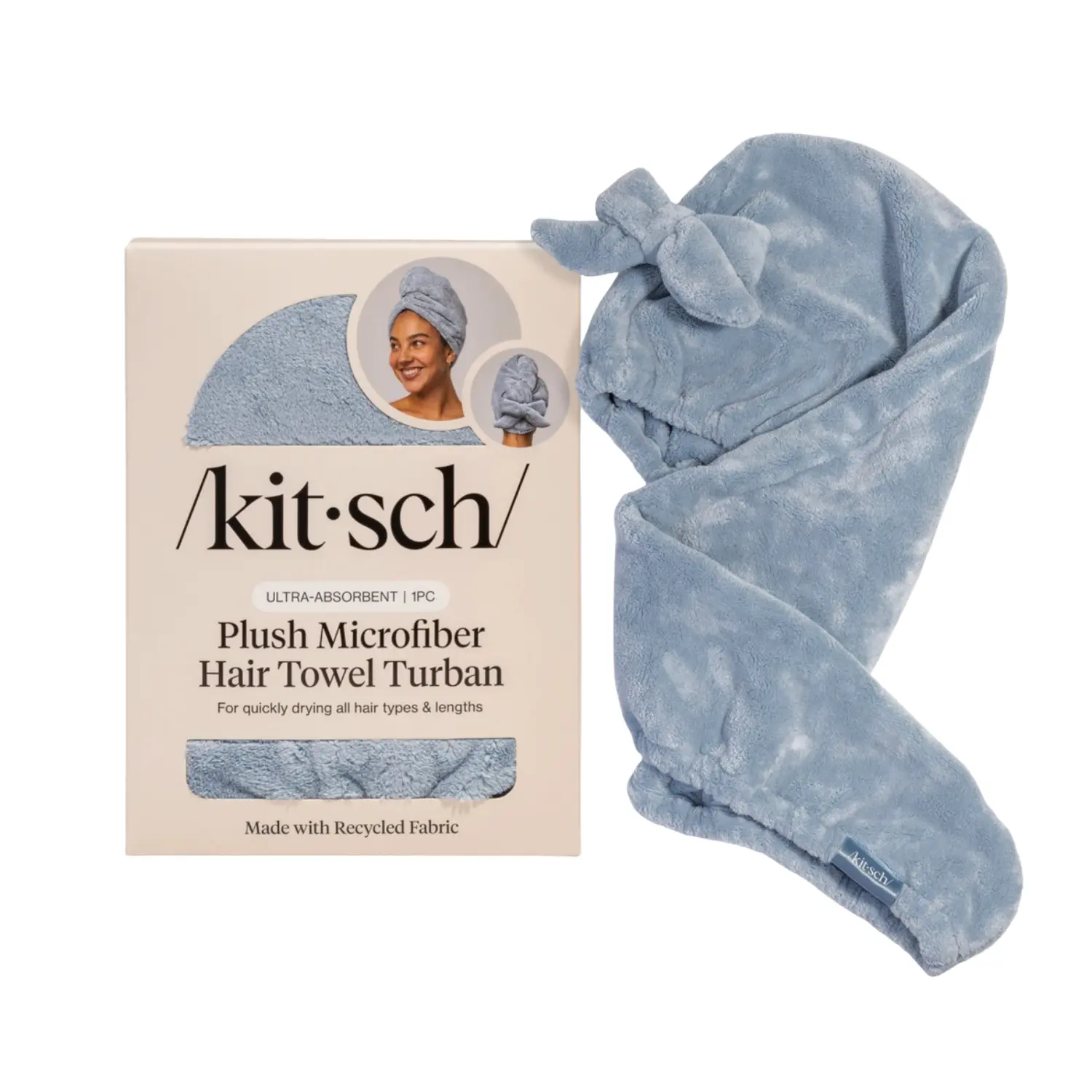 Plush Microfiber Hair Towel Turban with Bow Coastal Blue