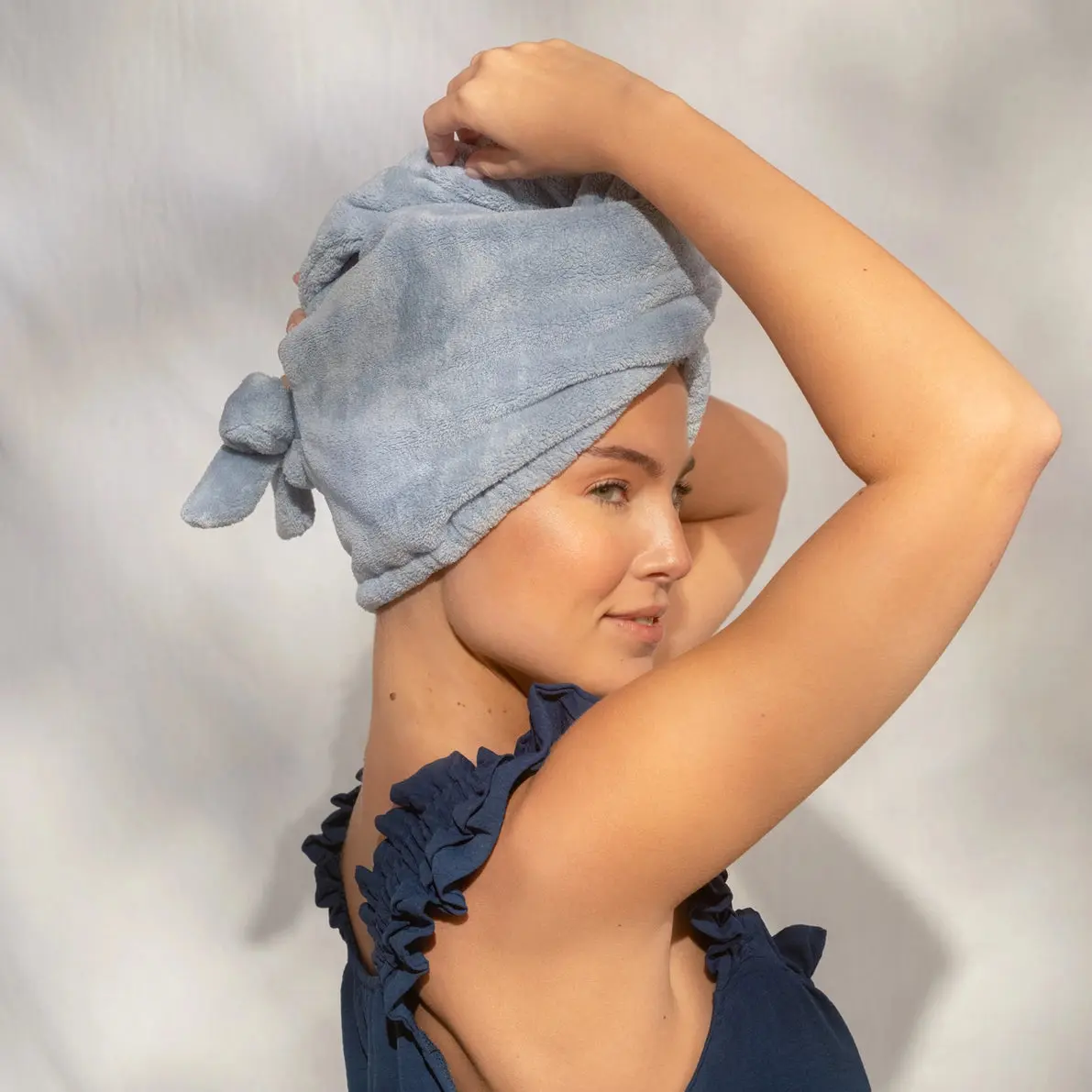 Plush Microfiber Hair Towel Turban with Bow Coastal Blue - Image 3