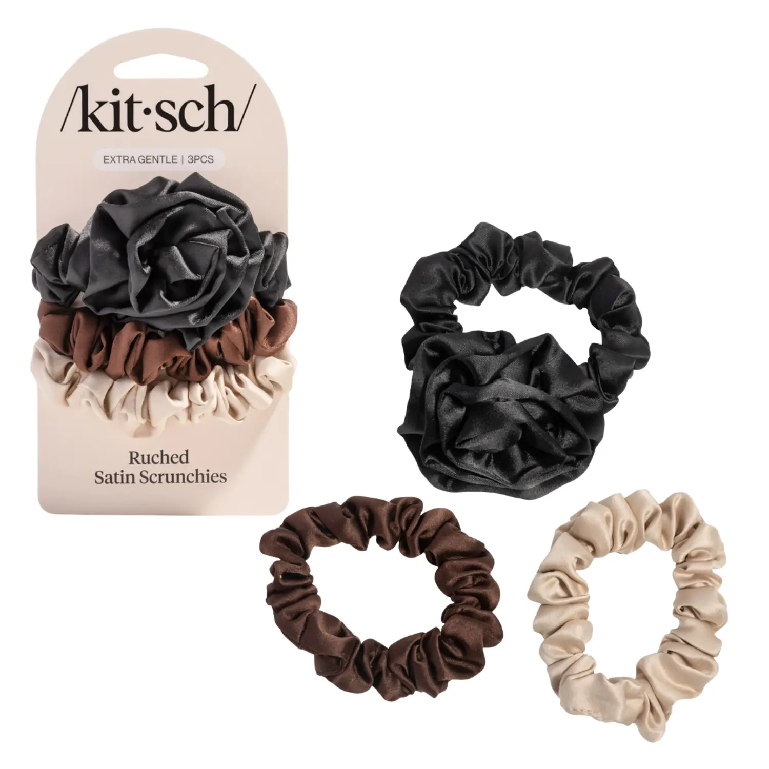 Ruched Satin Scrunchies Set Black
