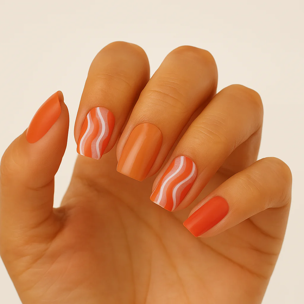 Press On French Nails Orange Waves - Image 2
